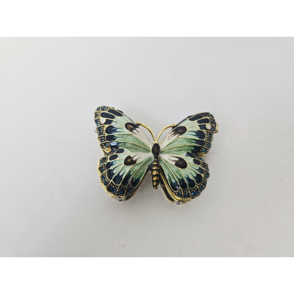 Decorative Trinket Box rhinestone hinged blue green butterfly